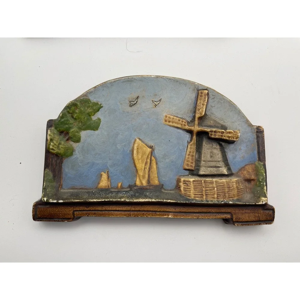 Set Of 2 Vintage Chalkware Wall Art‎ Handpainted Windmill Sculpture Pictures